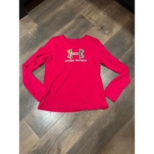 Under Armour Girls Pink Heatgear Long Sleeve Shirt Camo Logo XL TG EG Fitted